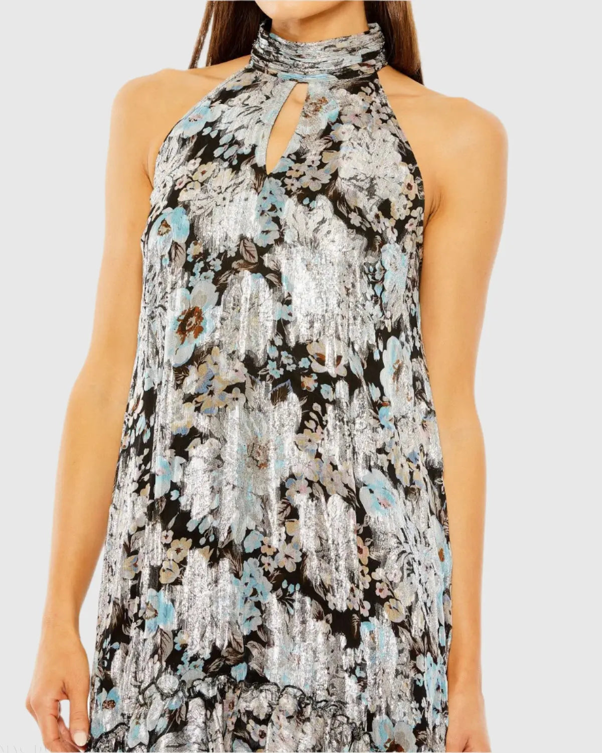 Black Floral High Neck Keyhole Ruffle Mini Dress - Image 2