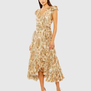 Beige Flutter Sleeve Floral Dress with Wrap Detail