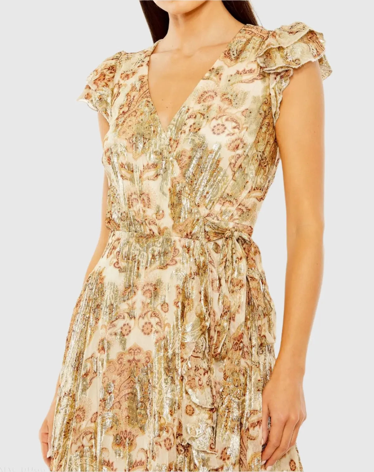 Beige Flutter Sleeve Floral Dress with Wrap Detail - Image 2