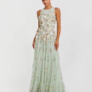 Green Floral Embellished High Neck Sleeveless Gown