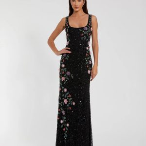 Black Floral Beaded Mesh Scoop Neck Sleeveless Gown
