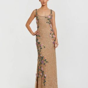 Beige Floral Beaded Mesh Scoop Neck Sleeveless Gown