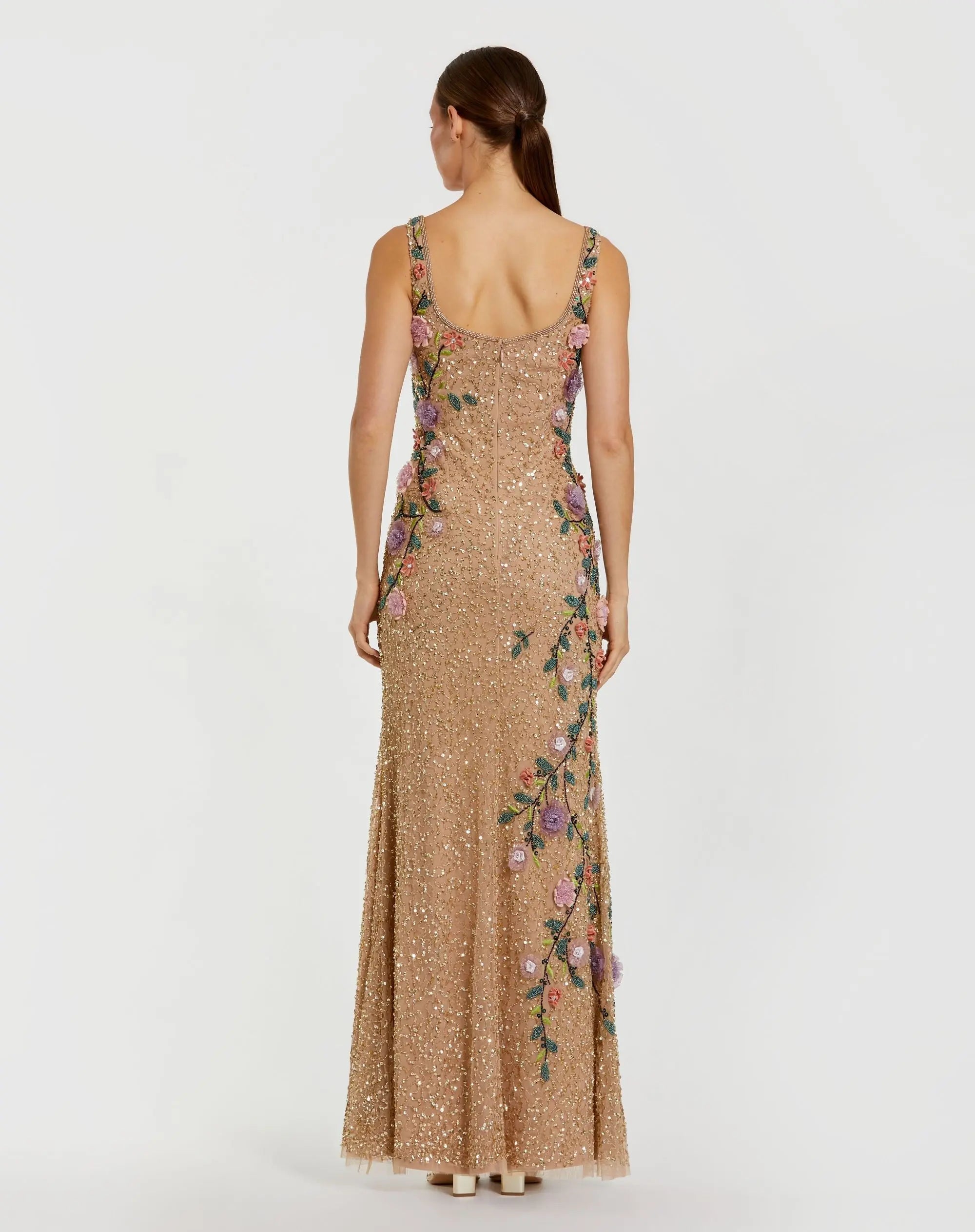 Beige Floral Beaded Mesh Scoop Neck Sleeveless Gown - Image 3