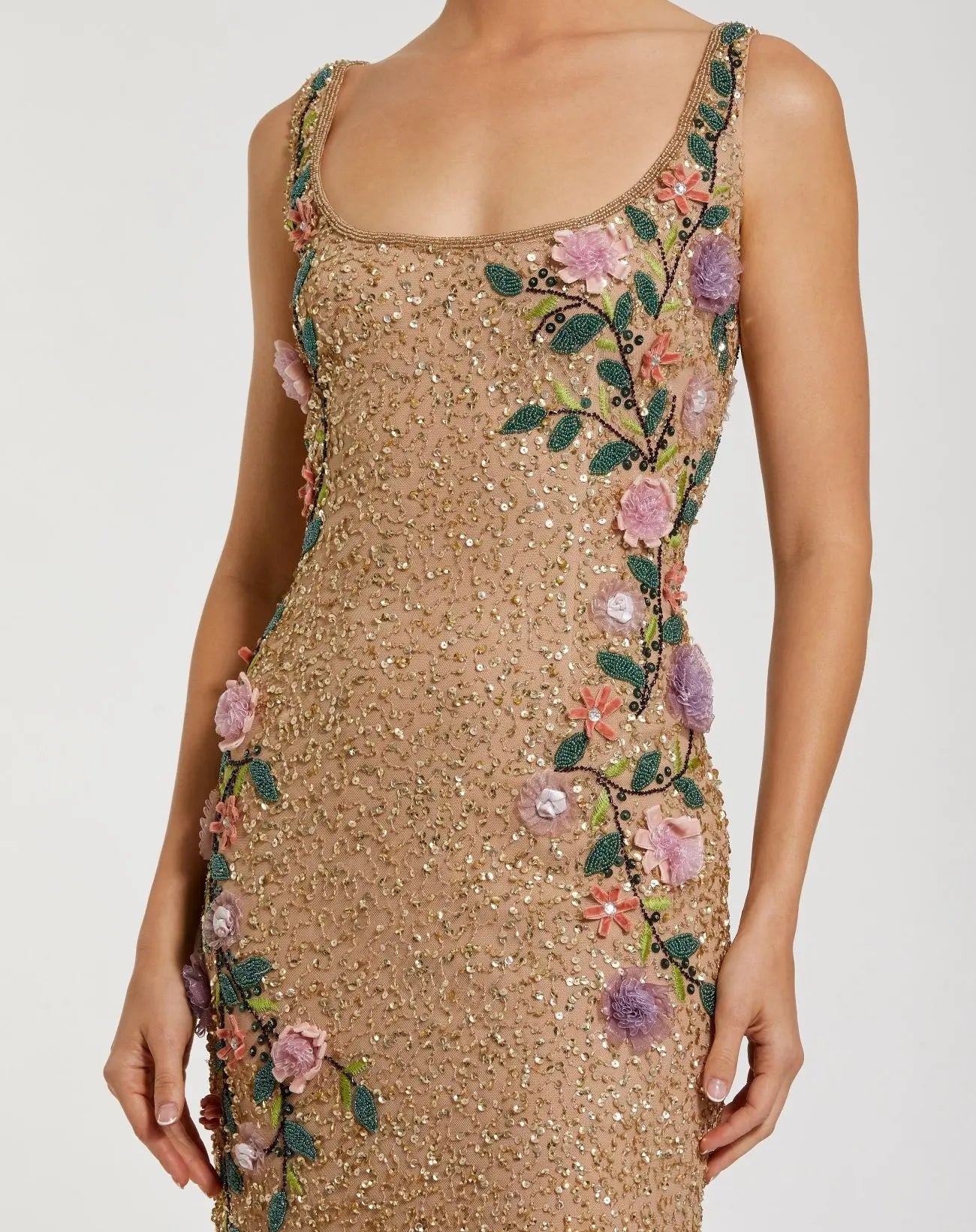 Beige Floral Beaded Mesh Scoop Neck Sleeveless Gown - Image 2