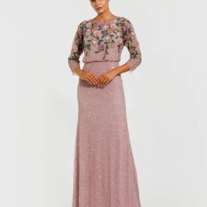 Purple Floral Embellished Long Sleeve Gown