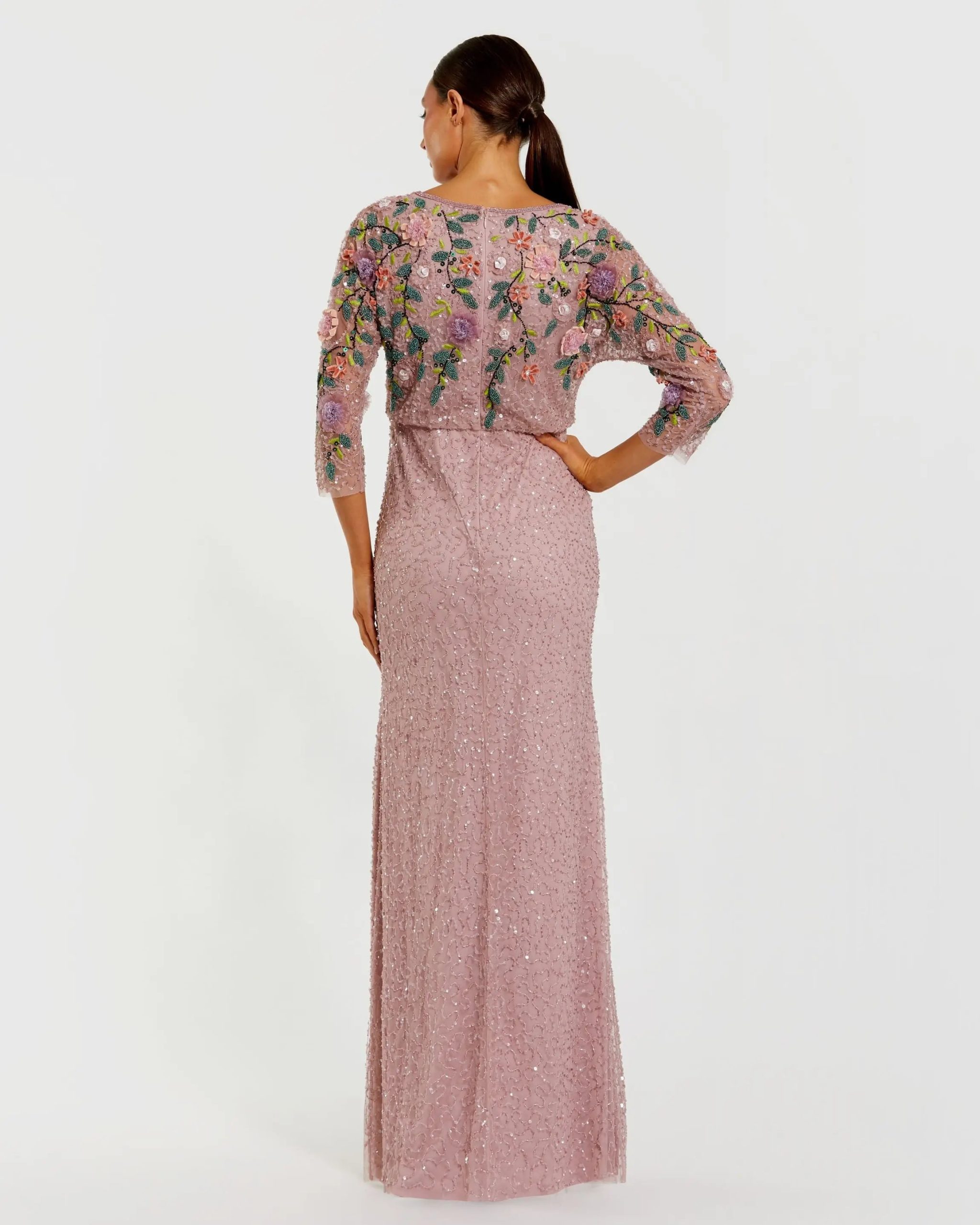Purple Floral Embellished Long Sleeve Gown - Image 3