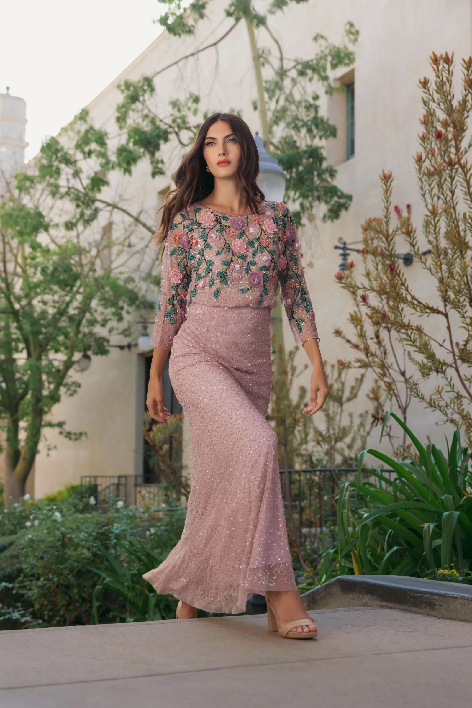Purple Floral Embellished Long Sleeve Gown - Image 6