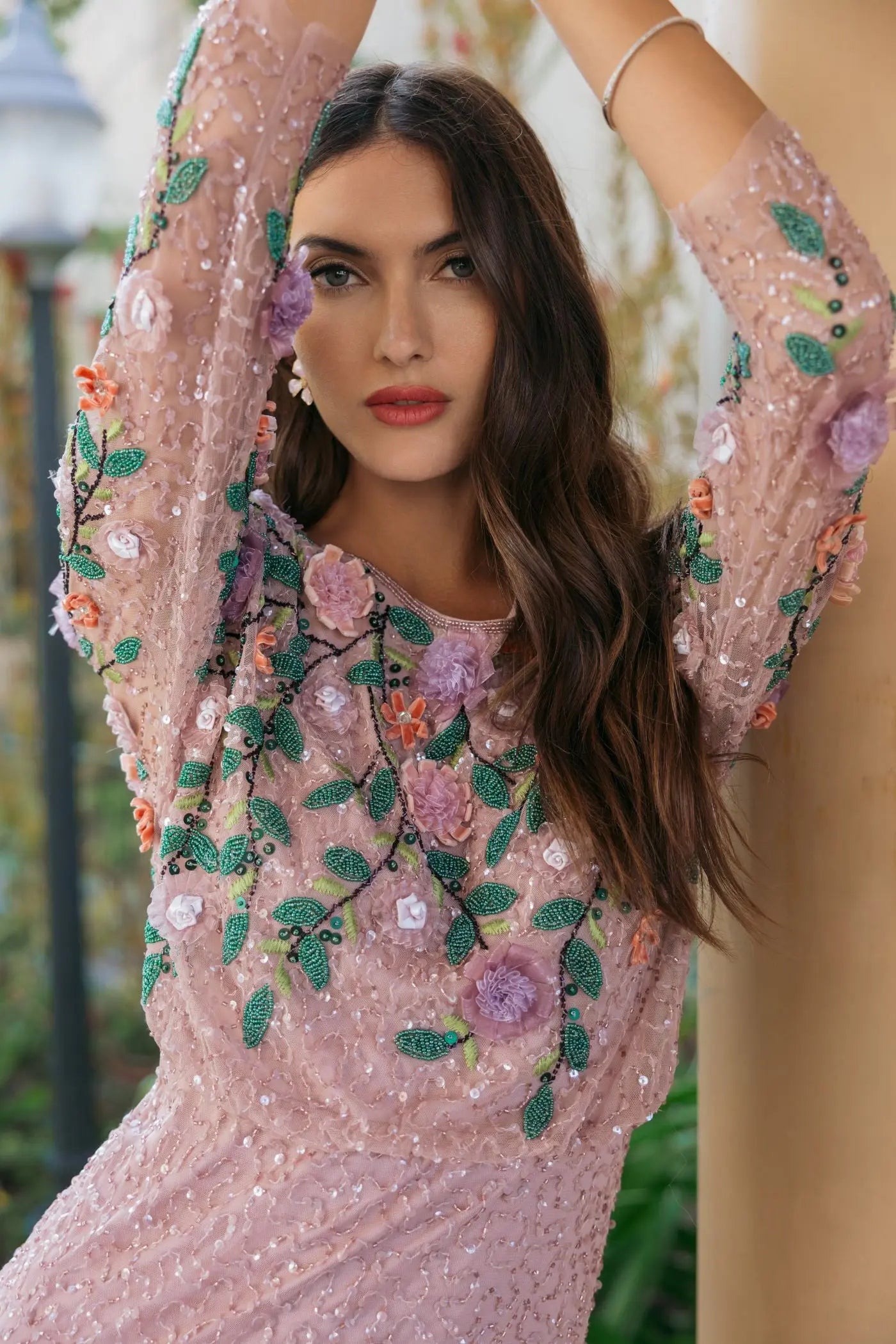 Purple Floral Embellished Long Sleeve Gown - Image 5