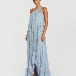 Blue One Shoulder Bow Embellished High Low Gown