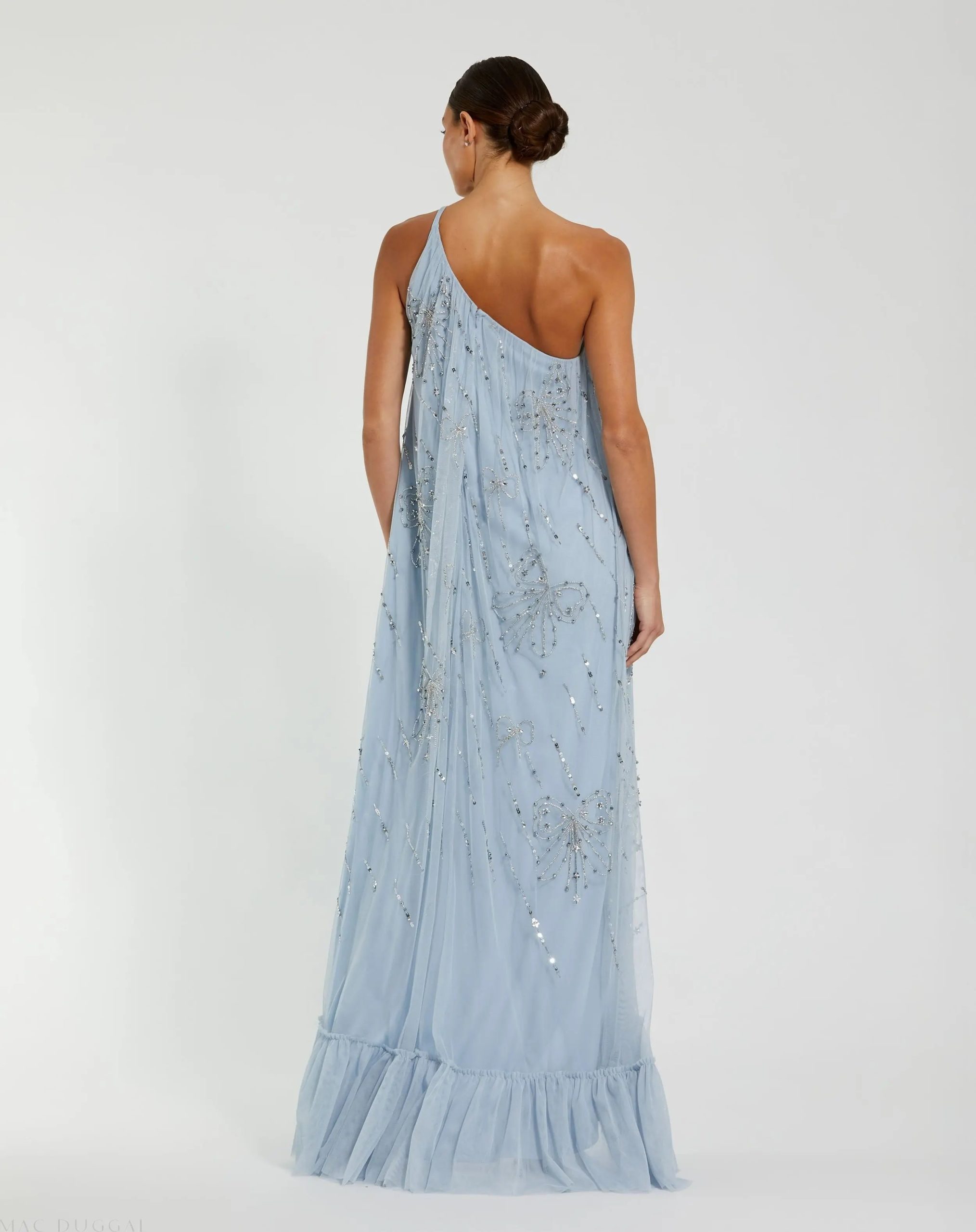 Blue One Shoulder Bow Embellished High Low Gown - Image 3