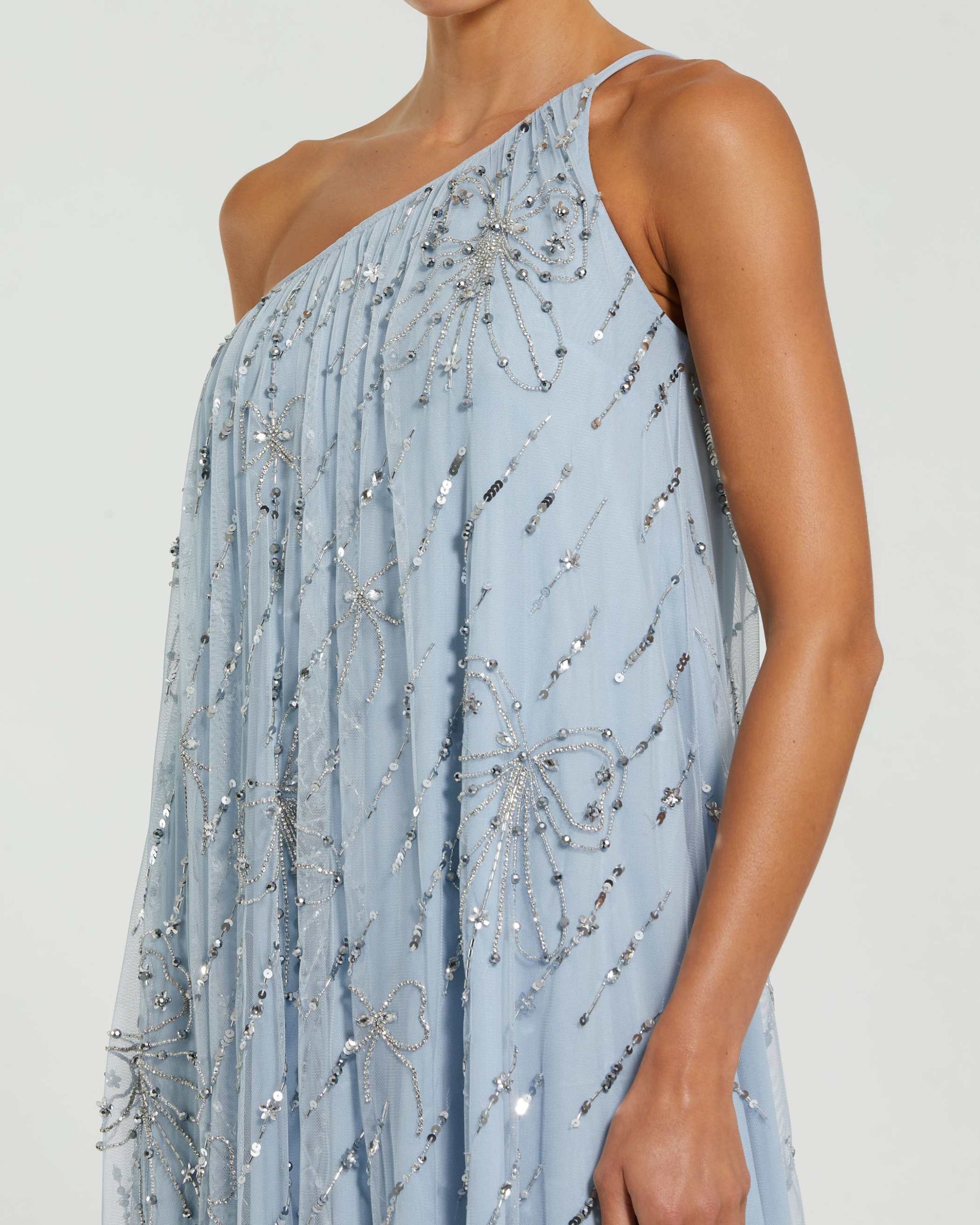 Blue One Shoulder Bow Embellished High Low Gown - Image 2