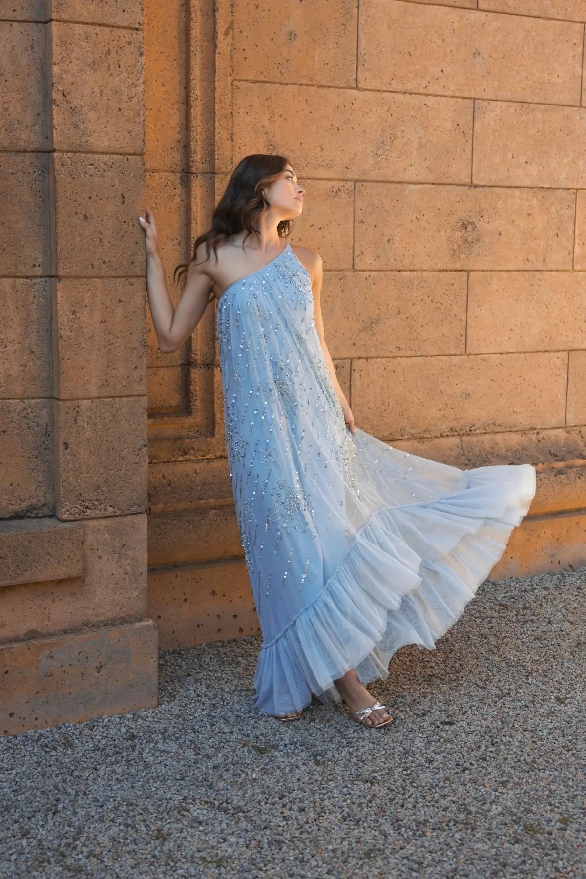 Blue One Shoulder Bow Embellished High Low Gown - Image 6
