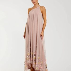Pink One Shoulder High Low Embellished Trapeze Gown