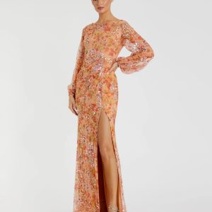Orange Floral Print Sequined Puff Sleeve Gown - FINAL SALE