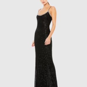 Black Beaded Spaghetti Strap Column Gown