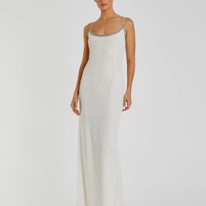 White Beaded Spaghetti Strap Column Gown
