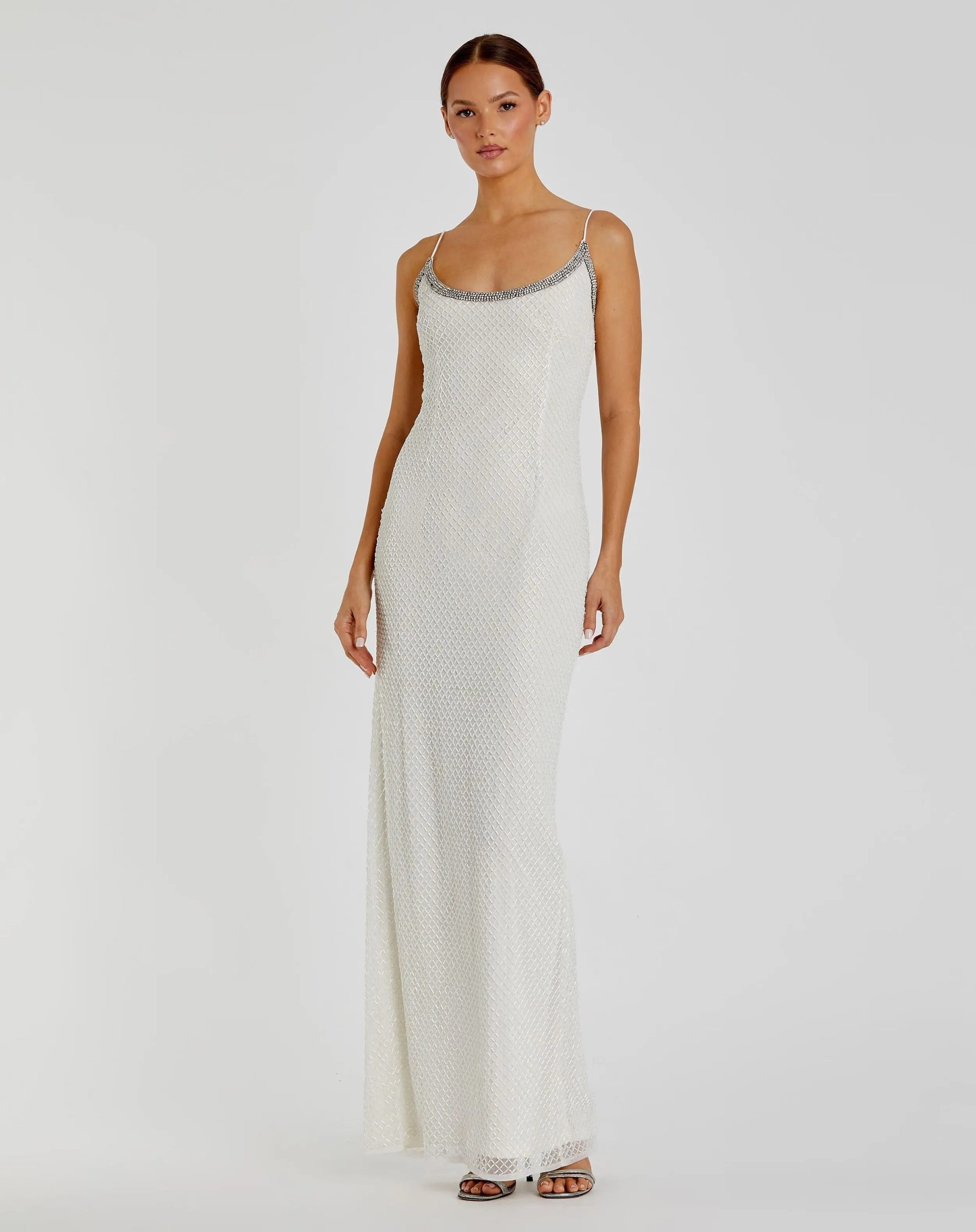 White Beaded Spaghetti Strap Column Gown