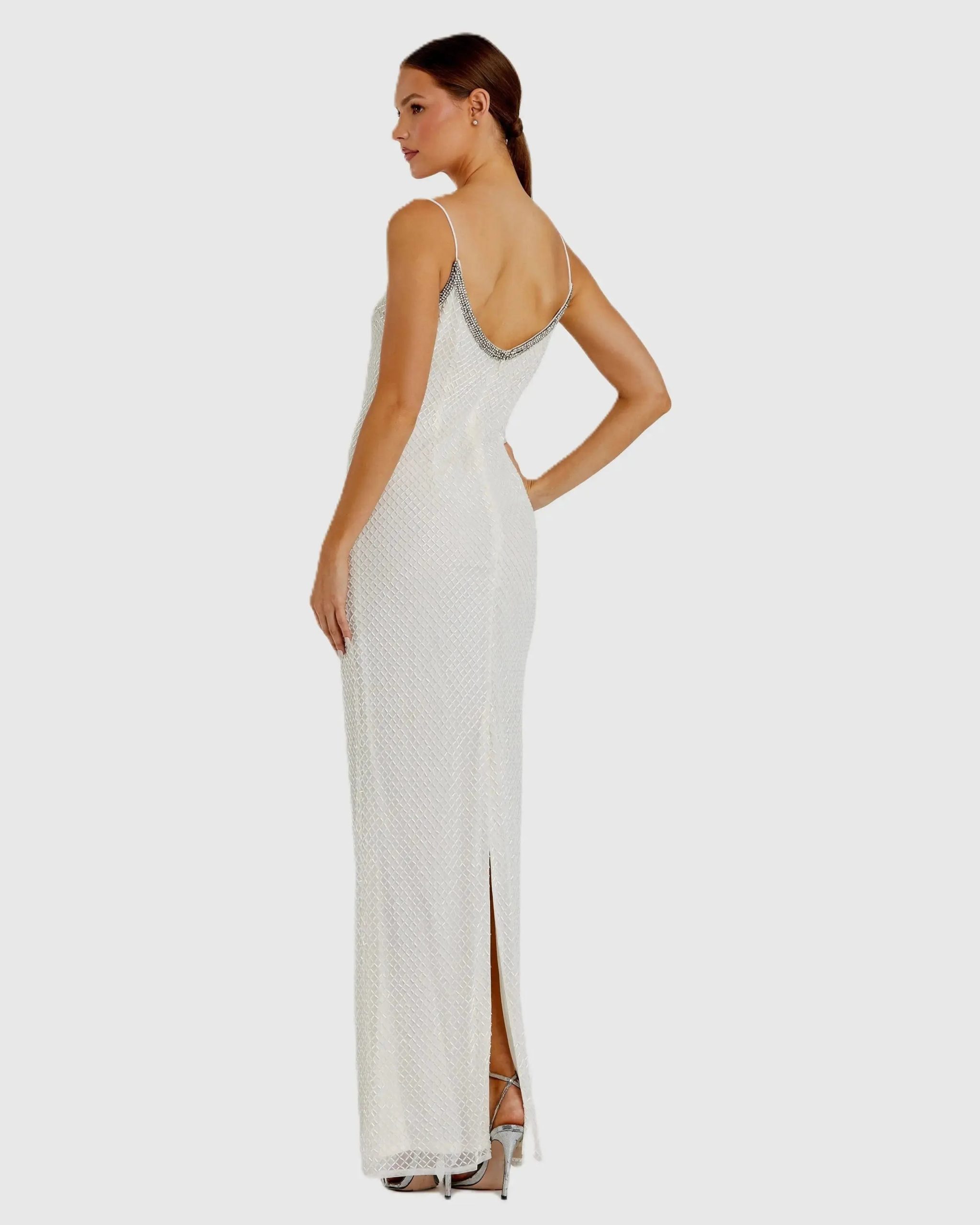 White Beaded Spaghetti Strap Column Gown - Image 3