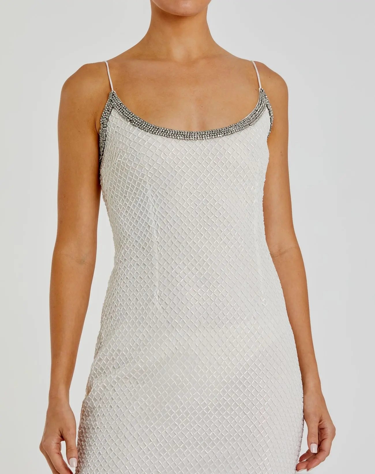 White Beaded Spaghetti Strap Column Gown - Image 2