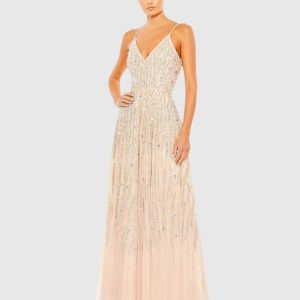 Embellished V Neck Sleeveless A Line Gown