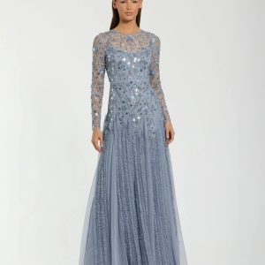 Blue Embellished Long Sleeve Drop Waist Gown