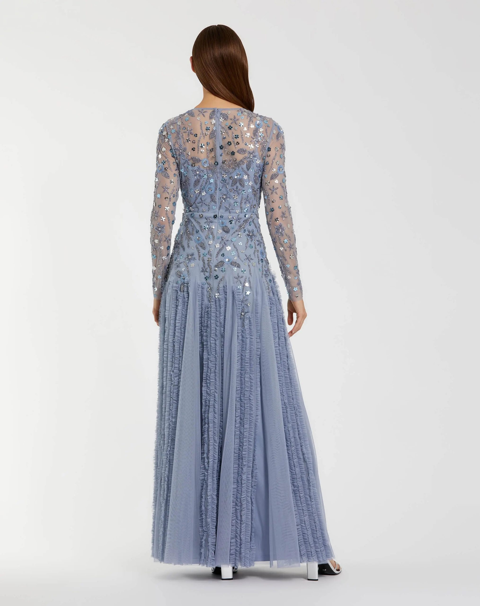 Blue Embellished Long Sleeve Drop Waist Gown - Image 3