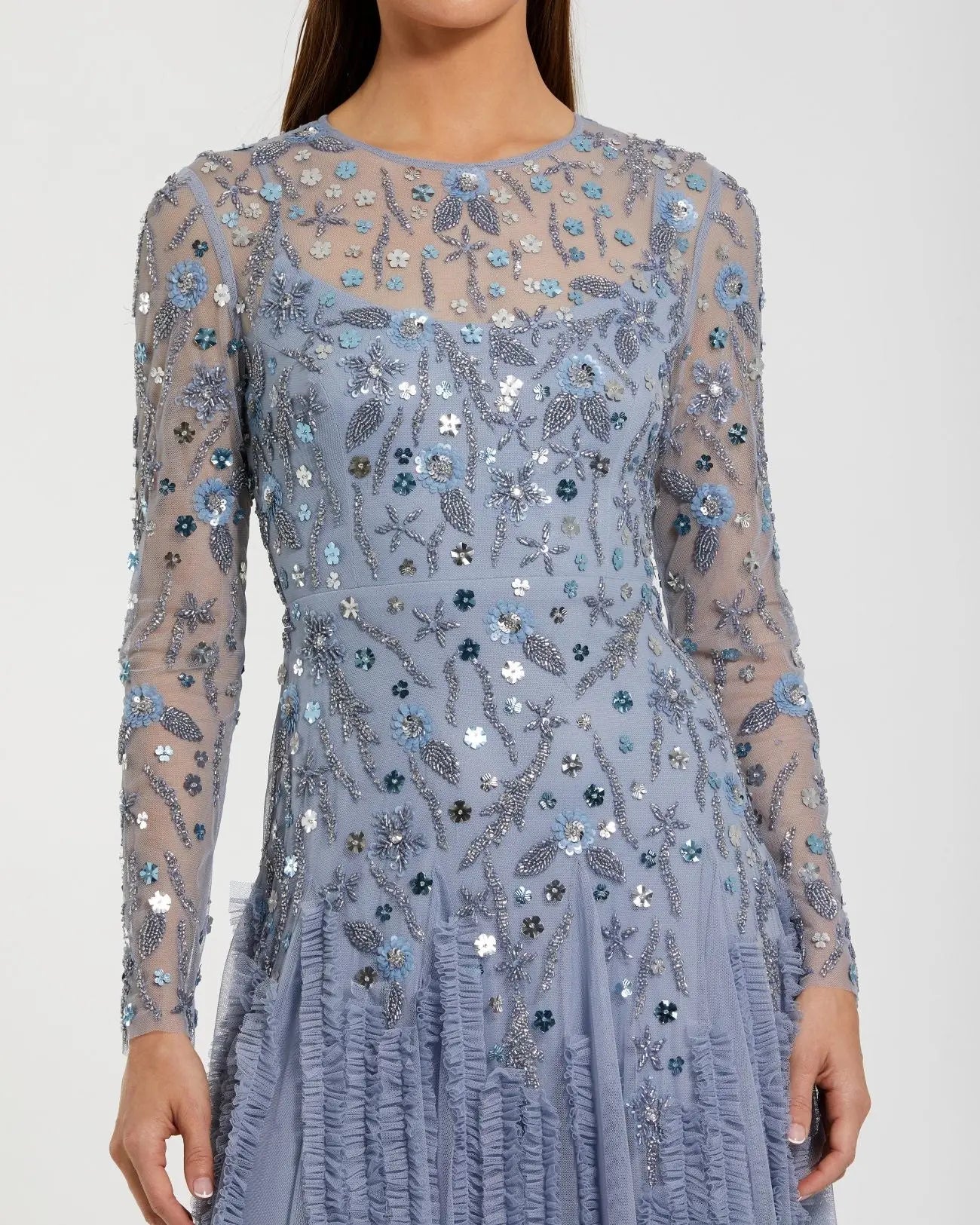 Blue Embellished Long Sleeve Drop Waist Gown - Image 2