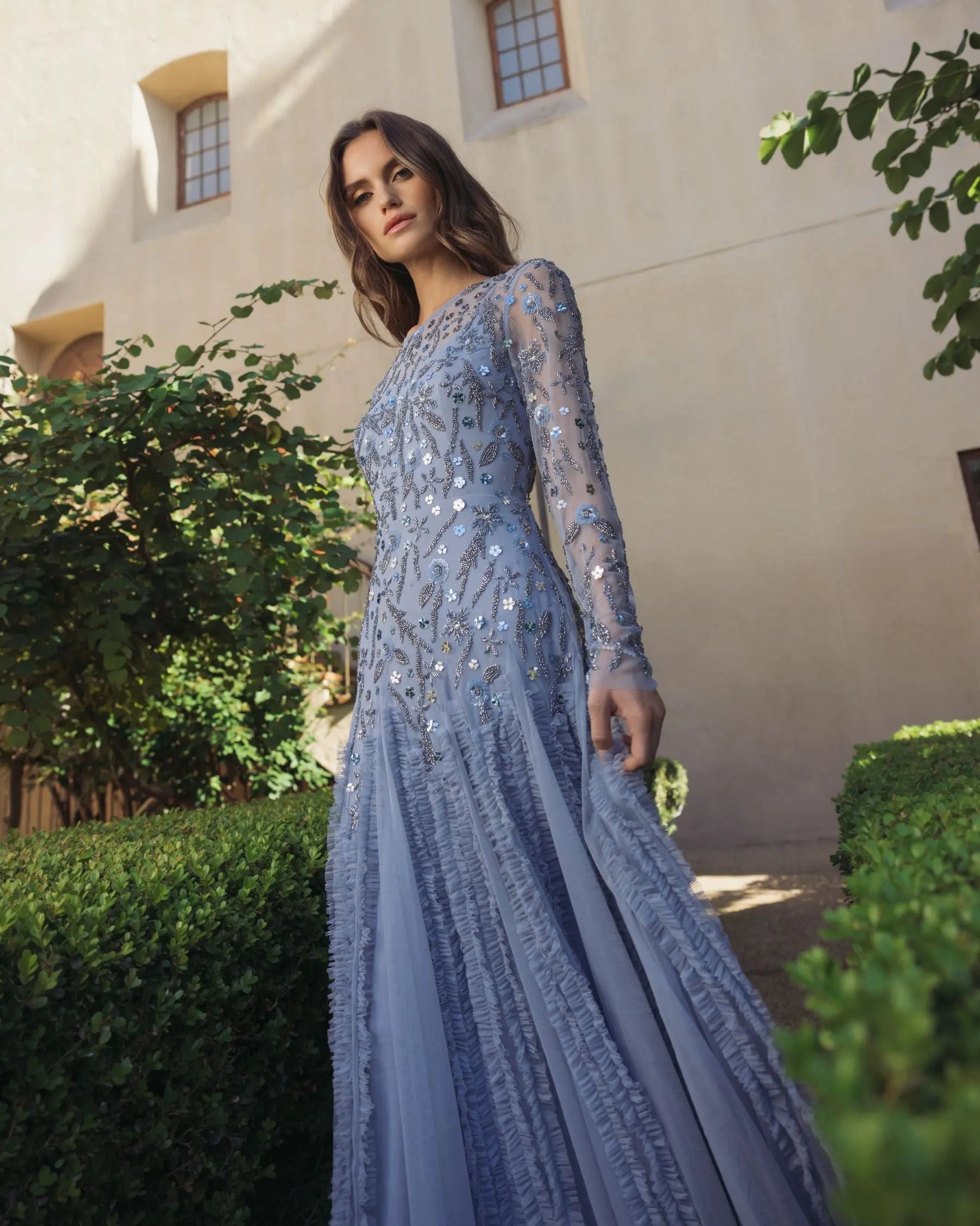 Blue Embellished Long Sleeve Drop Waist Gown - Image 6