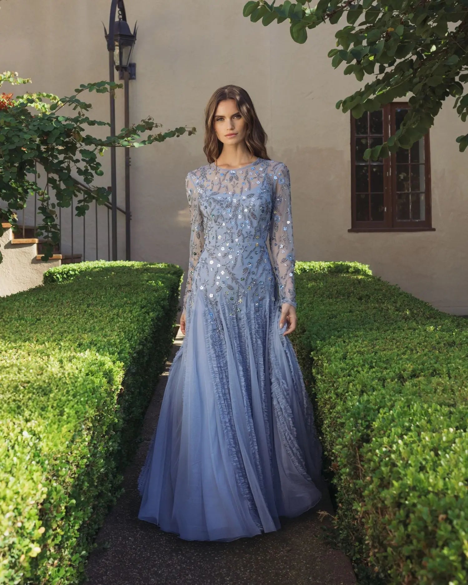 Blue Embellished Long Sleeve Drop Waist Gown - Image 4