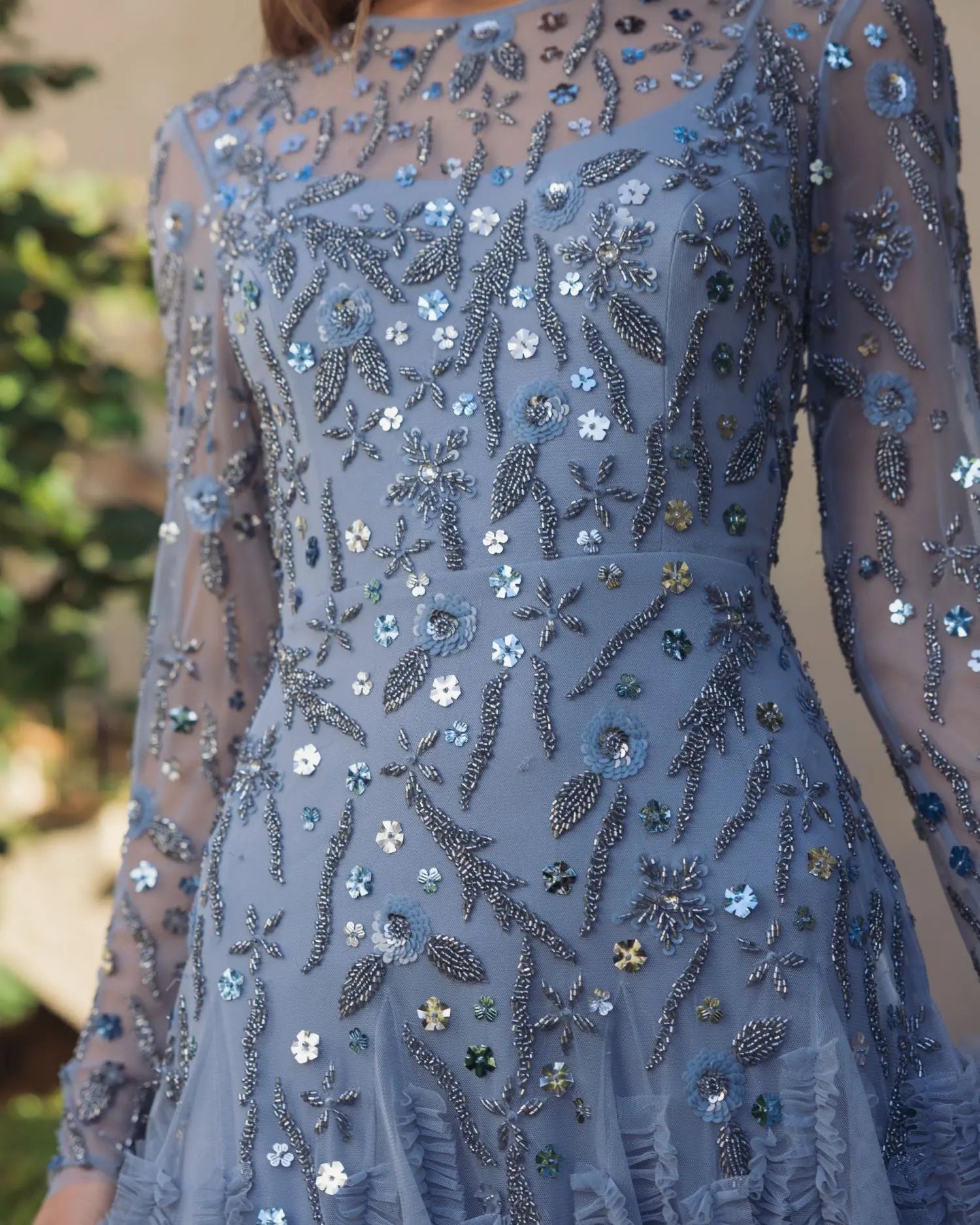 Blue Embellished Long Sleeve Drop Waist Gown - Image 5