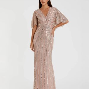 Sequined V Neck Cape Sleeve Column Gown