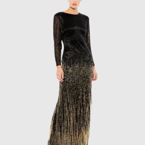 Black Long Sleeve Beaded Fringe Evening Gown