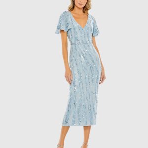 Sequined V Neck Flutter Sleeve Tea Length Dress
