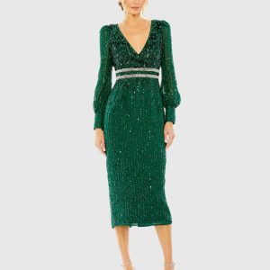 Green Sequined V Neck Bishop Sleeve Dress