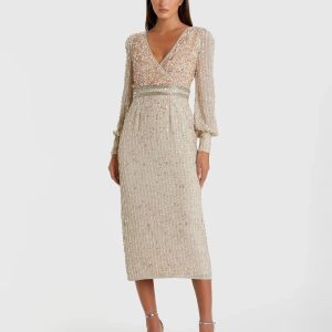 Beige Sequined V Neck Bishop Sleeve Dress