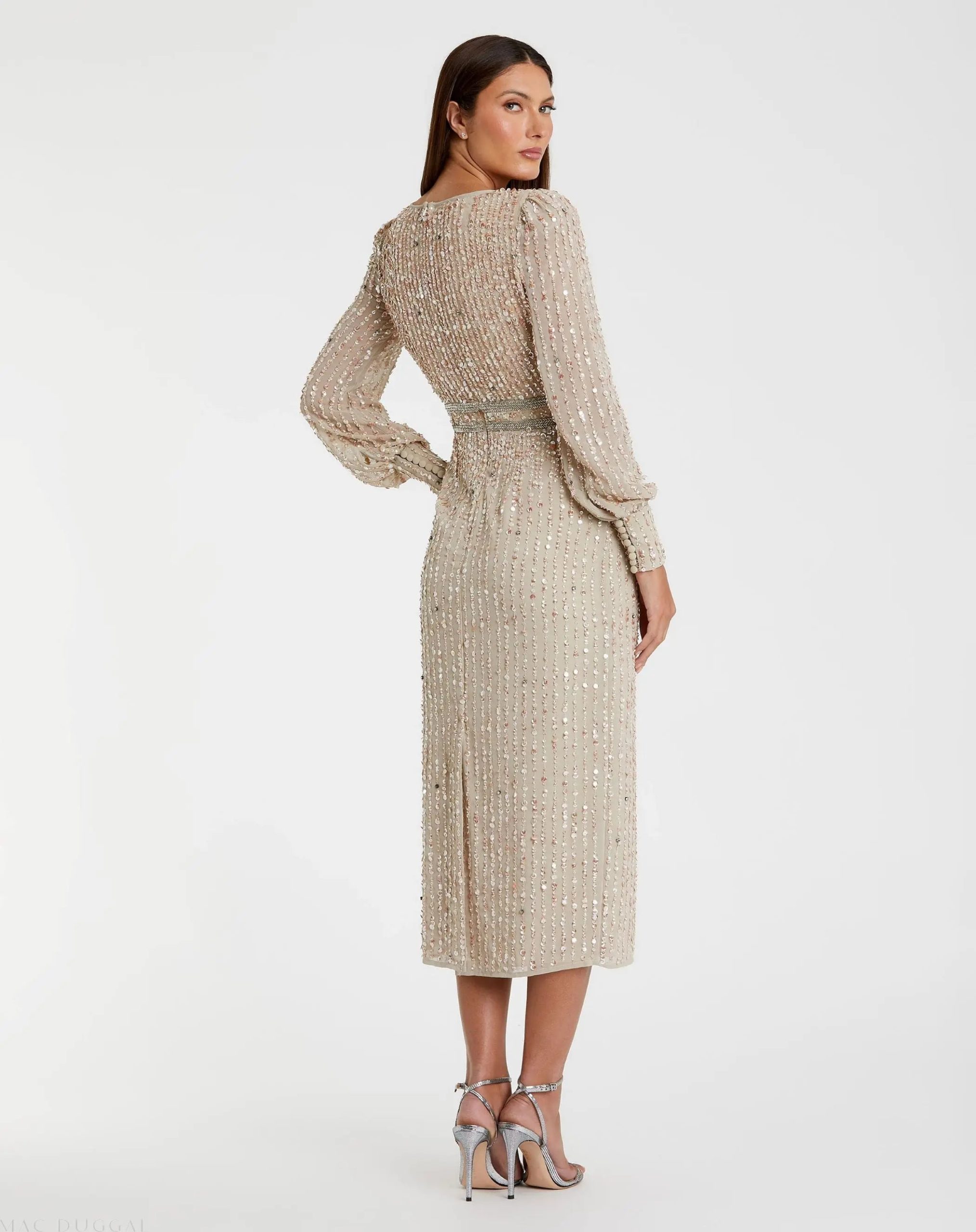 Beige Sequined V Neck Bishop Sleeve Dress - Image 3