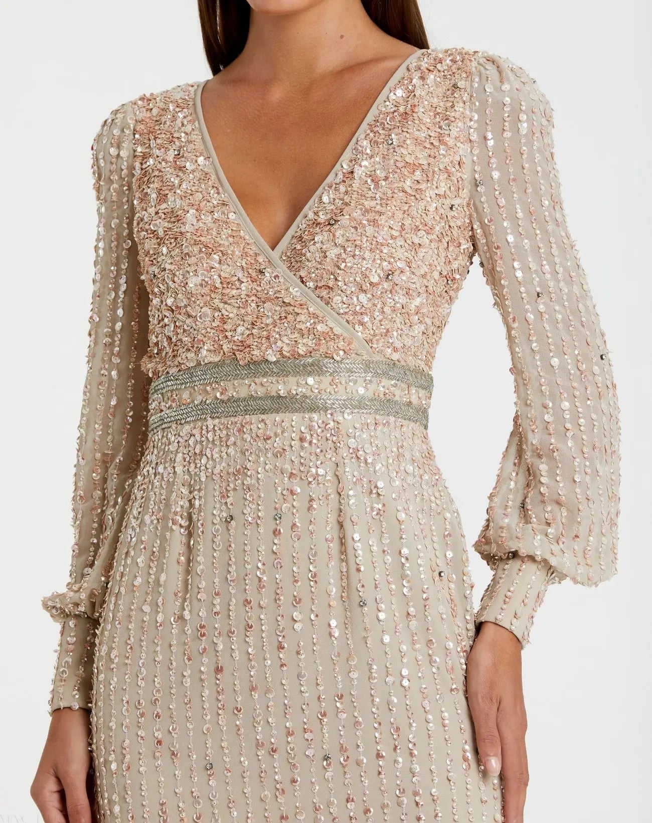 Beige Sequined V Neck Bishop Sleeve Dress - Image 2
