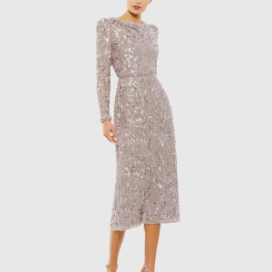 Light Purple Embellished High Neck Puff Sleeve Midi Sheath Dress
