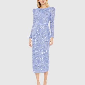 Embellished High Neck Puff Sleeve Fitted Dress