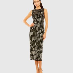 Black and Gold Abstract Beaded Sleeveless Midi Dress