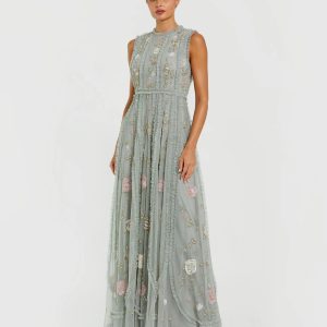 Green Floral Mesh Sleeveless A Line Micro Ruffle Gown