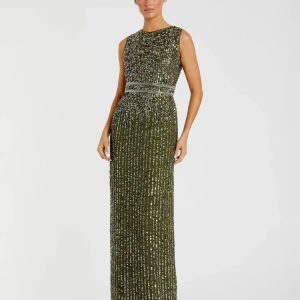 Green Sequined High Neck Sleeveless Column Gown