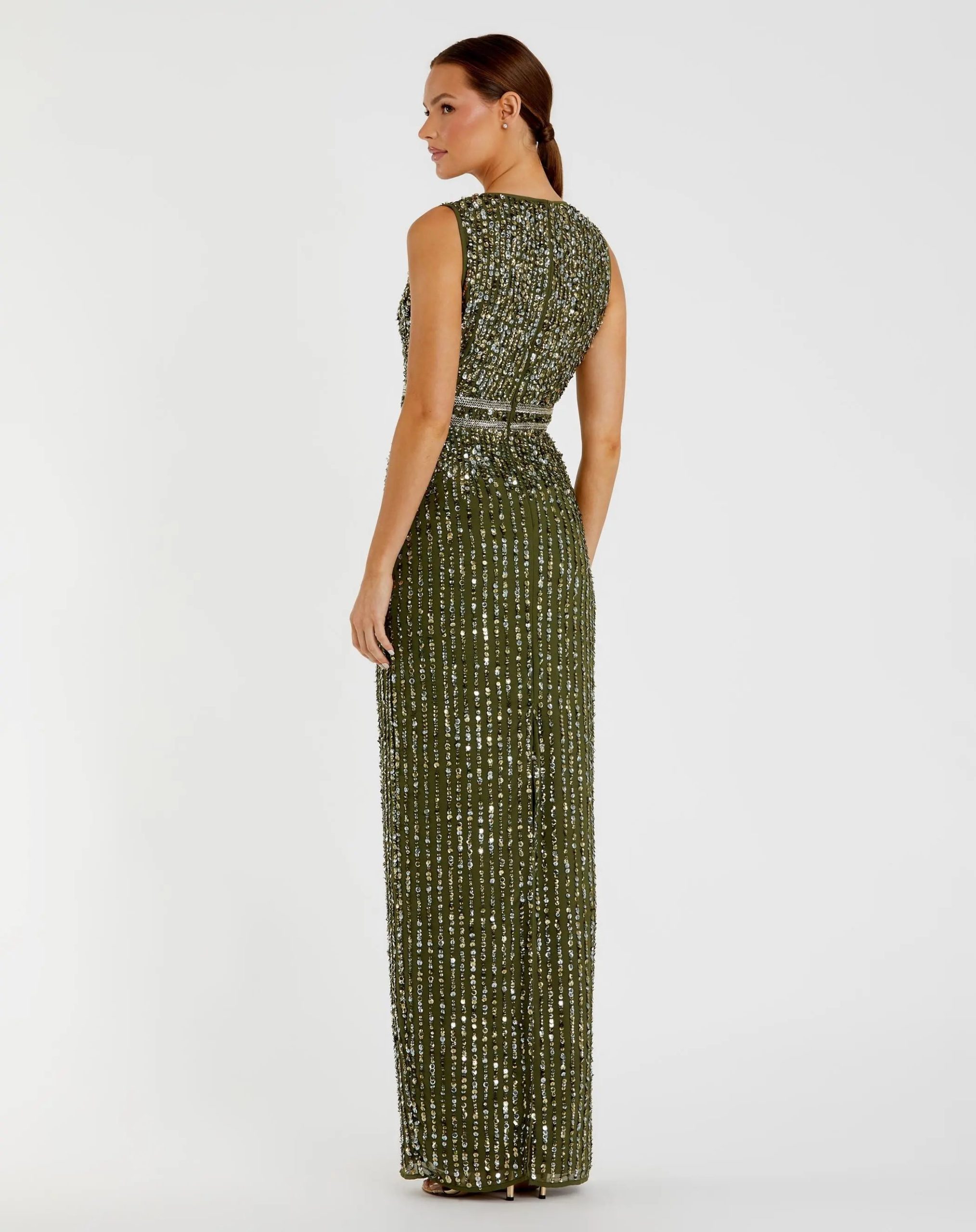 Green Sequined High Neck Sleeveless Column Gown - Image 3