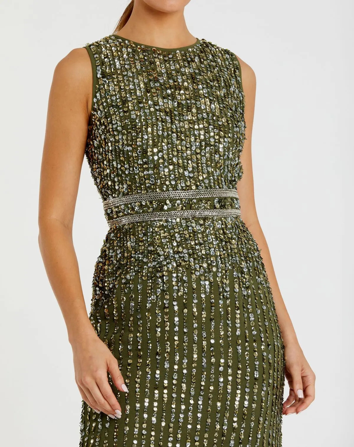 Green Sequined High Neck Sleeveless Column Gown - Image 2