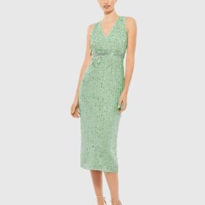 Green Sequined Sleeveless V-Neck Midi Sheath Dress