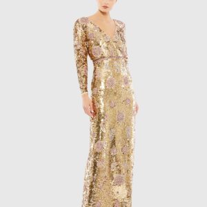 Gold Embellished Wrap Over Long Sleeve Column Gown