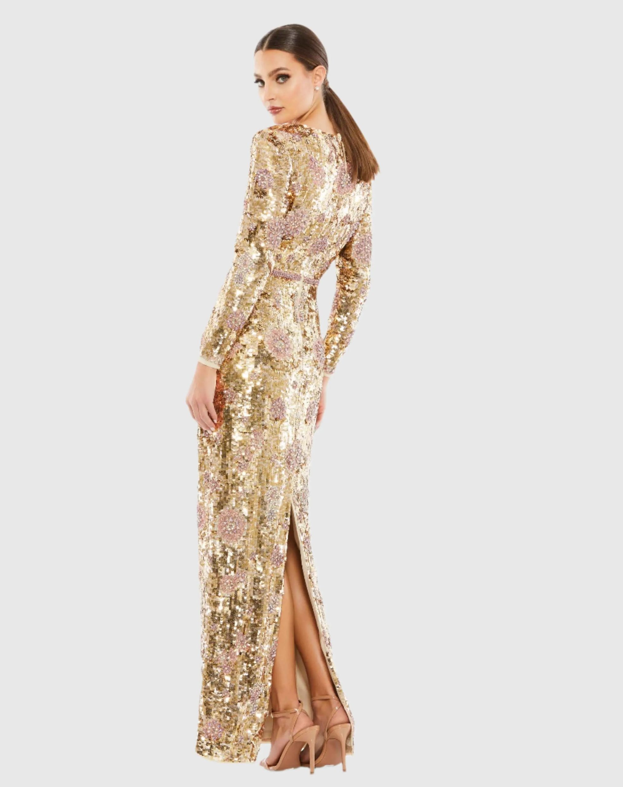 Gold Embellished Wrap Over Long Sleeve Column Gown - Image 3