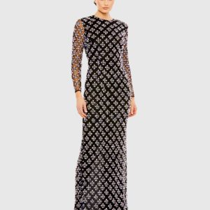 Black Long Sleeve Hand Beaded Crystal Rhinestone Gown - FINAL SALE