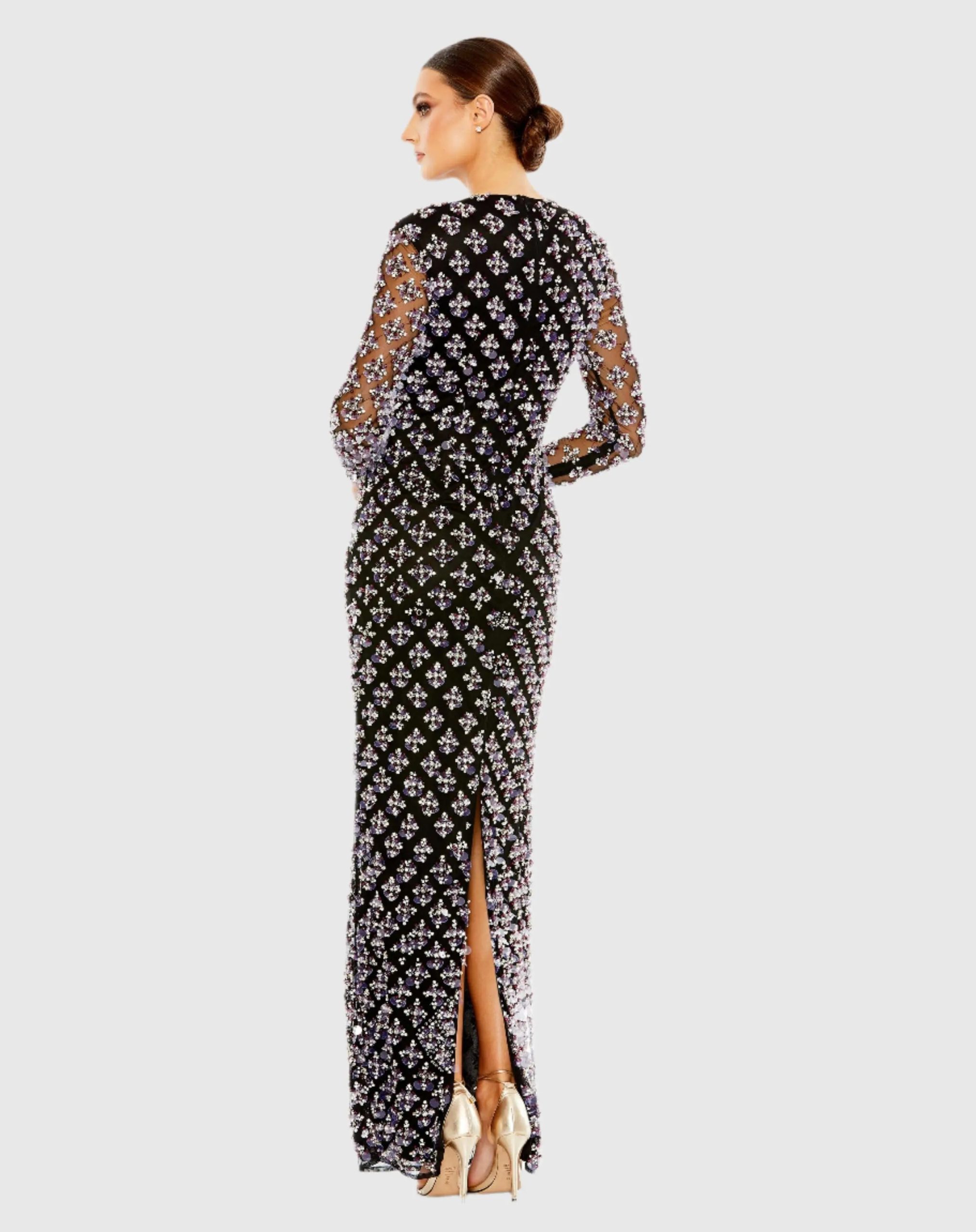 Black Long Sleeve Hand Beaded Crystal Rhinestone Gown - FINAL SALE - Image 3