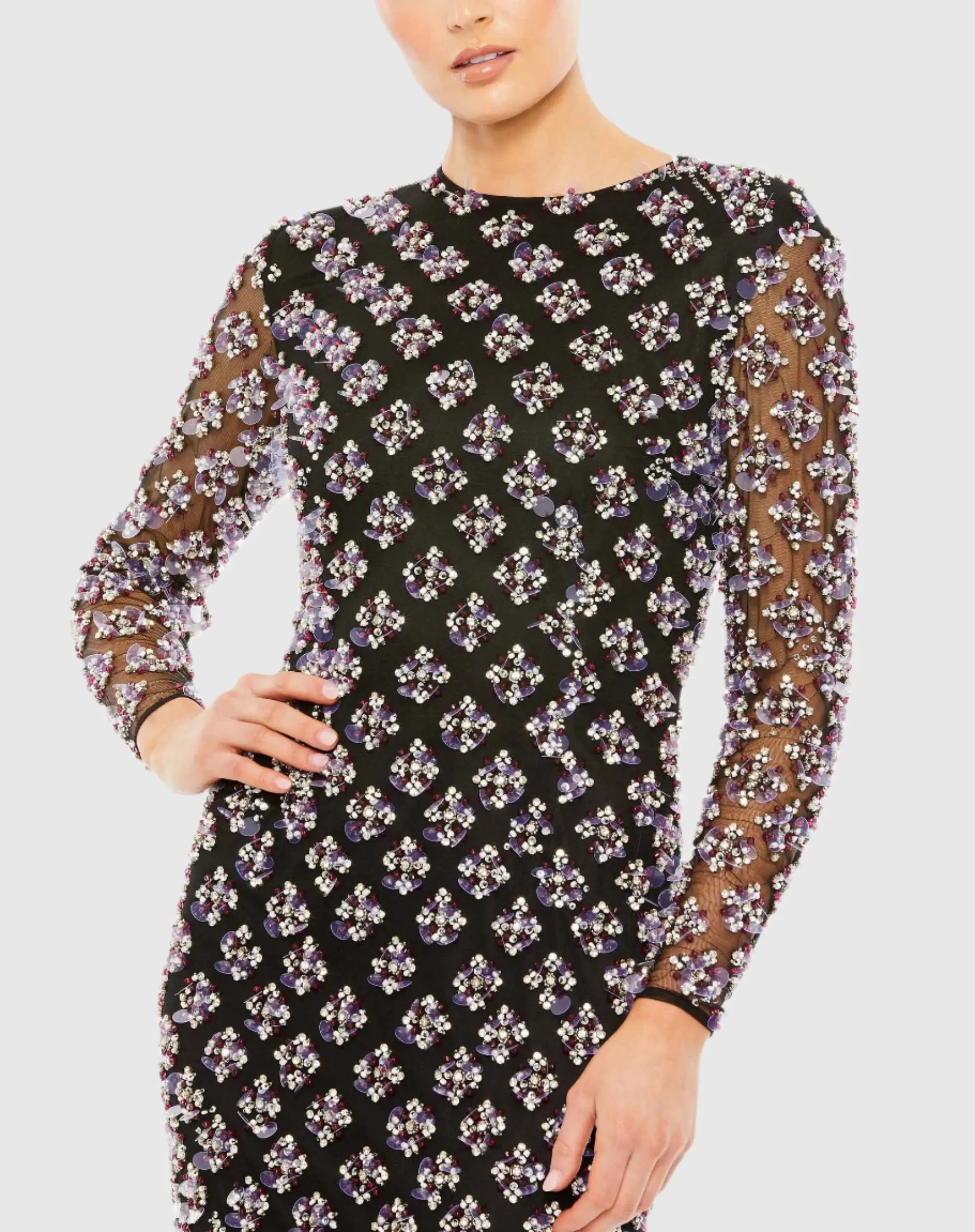 Black Long Sleeve Hand Beaded Crystal Rhinestone Gown - FINAL SALE - Image 2
